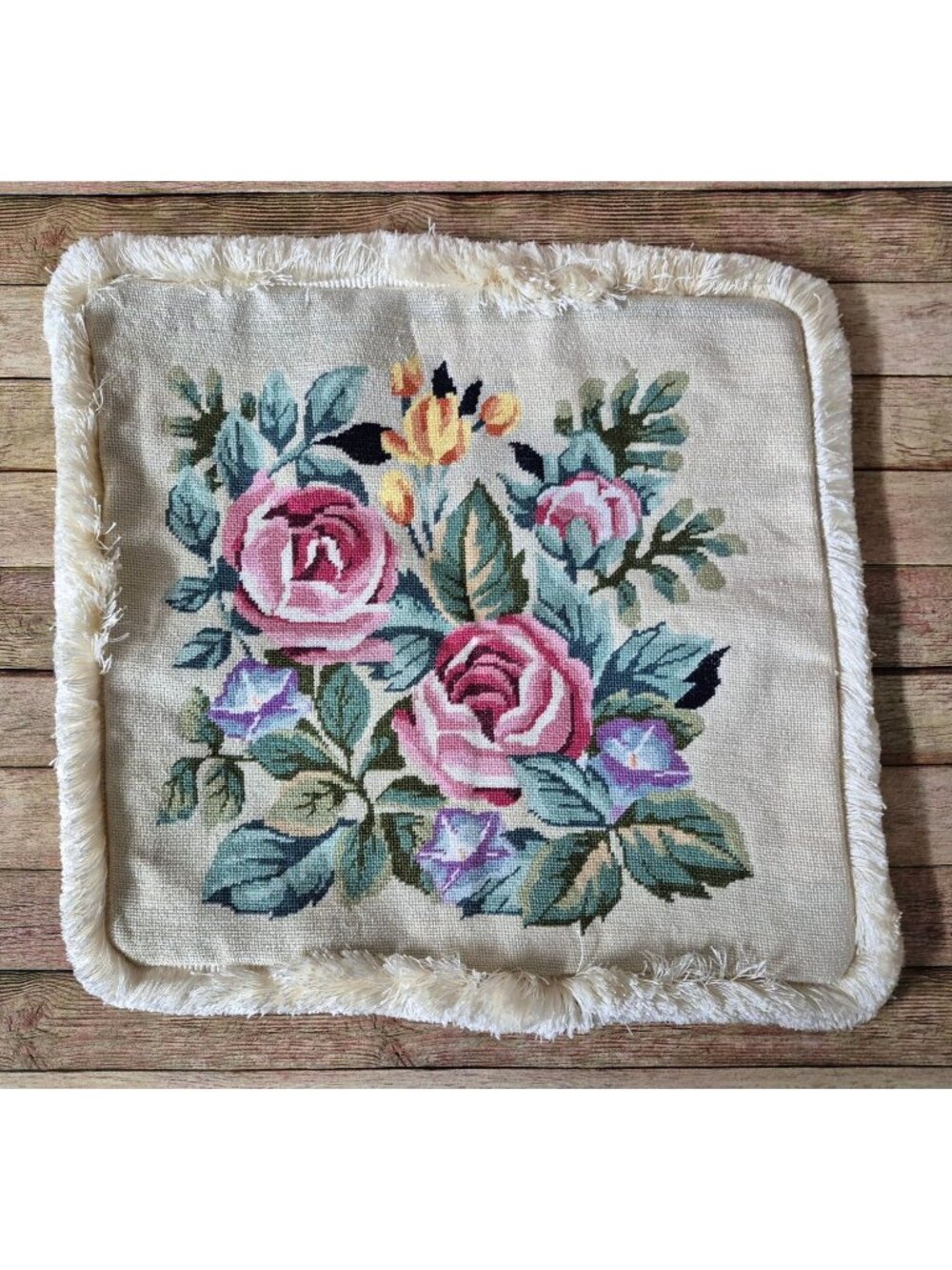 18" Square Cross Stitch Handmade Pillow Cover Roses Floral Fringe Shabby Chic